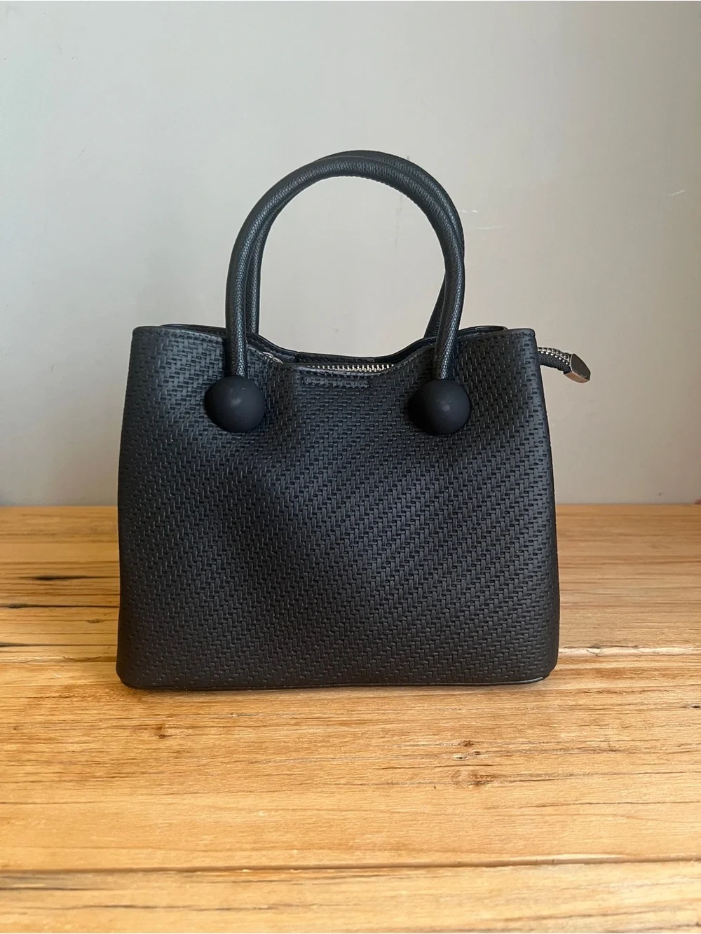 NWT Black Woven Satchel Handbag with Matching Charm & Shoulder Strap by Sumzen